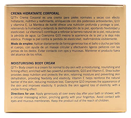 Q77+ CREMA HIDRATANTE CORPORAL - Efecto Antiage - Crema Reafirmante Antiarrugas - Tratamiento Corporal Antienvejecimiento - Con Factor77. Coenzima Q10. Ácido Alfa Lipoico. Karité y Vitamina E -200ml