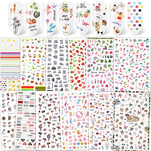 Qpout 1200 + Diseños Calcomanías de Uñas Surtidas, Flor Animal Fruta Sirena Pegatinas de Arte de Uñas 3D Consejos de Uñas Autoadhesivas Decoraciones de Manicura para Mujeres Niñas Niños, Salón Hogar