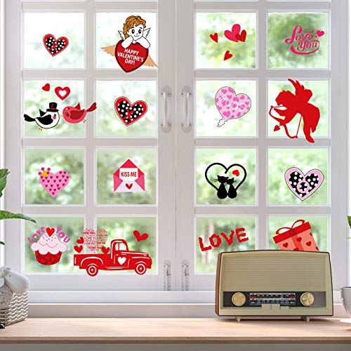 Qpout Decoraciones de Pegatinas de Ventana para el día de San Valentín, 8 Hojas de Pegatinas de Cristal para Ventana de San Valentín, Labios de Cupido con Flor de corazón Rojo, te Amo