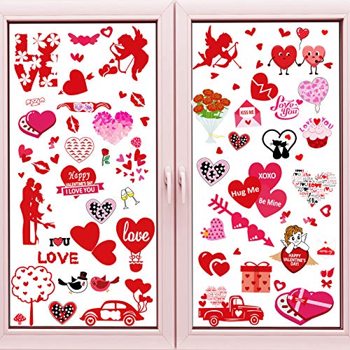 Qpout Decoraciones de Pegatinas de Ventana para el día de San Valentín, 8 Hojas de Pegatinas de Cristal para Ventana de San Valentín, Labios de Cupido con Flor de corazón Rojo, te Amo