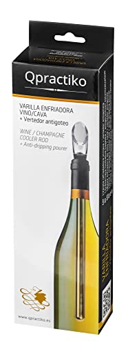 Qpractiko Q011 Varilla enfriadora + vertedor Anti Goteo Vino/Cava, Acero Inoxidable, Cristal