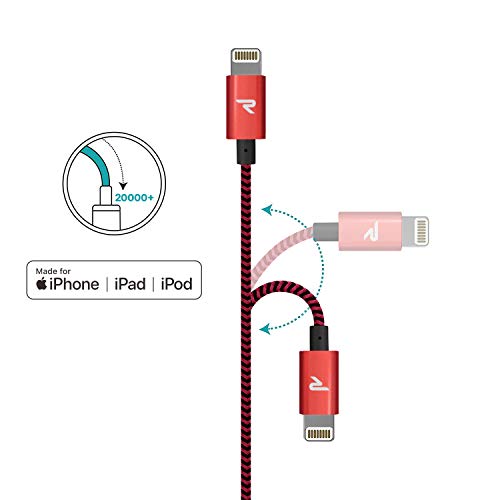 RAMPOW Cable iPhone Cable Lightning [Apple MFi Certificado] Nylón Duradero Cargador iPhone Compatible con iPhone 11 11 Pro XS MAX XR X 8 7 6S 6 5 5S 5C SE iPad iPod y más - 1M, Rojo