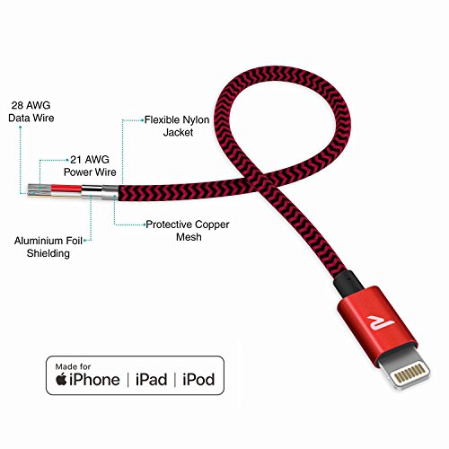 RAMPOW Cable iPhone Cable Lightning [Apple MFi Certificado] Nylón Duradero Cargador iPhone Compatible con iPhone 11 11 Pro XS MAX XR X 8 7 6S 6 5 5S 5C SE iPad iPod y más - 1M, Rojo