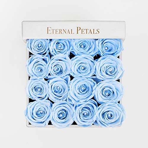 Real Roses That Last A Year - White Velvet Box with Swarovski Crystals (Light Blue)