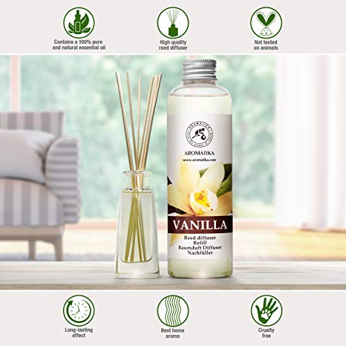 Recambio de Difusor Vainilla 200 ml - Aceite Esencial Puro & Natural Vainilla - Aroma de Intensas y Duraderas - 0% Alcohol - para Aromatizar el Aire en Cuartos - Baños - Hogares - Difusor Aroma