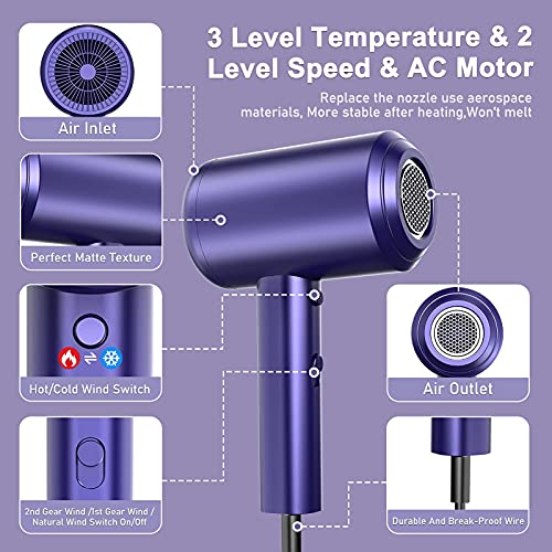 REEXBON secador pelo profesional , secador de pelo ionico 1800W , Secador de pelo con boquilla concentradora de aire y difusor , 2 velocidades y 3 temperaturas, Botón de temperatura