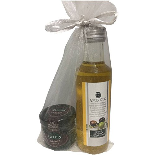 Regalo de botella de Aceite de La Chinata con tarrito de mermelada de cerezas artesana y sin gluten en bolsa de organza (Pack 24 ud)