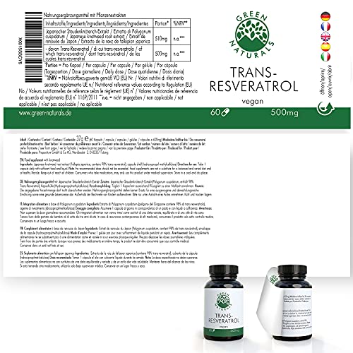 Resveratrol (60 cápsulas de 500mg) - 98% Extracto de raíz de Fallopia Japonica - Producción alemana - 100% Vegano y sin aditivos - incl. ebook"Anti-Stress"