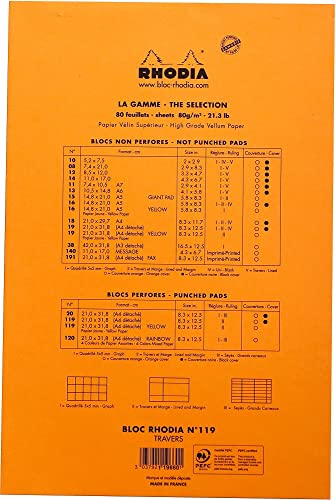 RHODIA 119660C - Bloc-Notes Agrafé N°119 Orange - A4+ - Ligné - 80 Feuilles Détachables Perf.4 Trous - Papier Clairefontaine Jaune 80G - Couverture en Carte Enduite Souple et Résistante - Basics