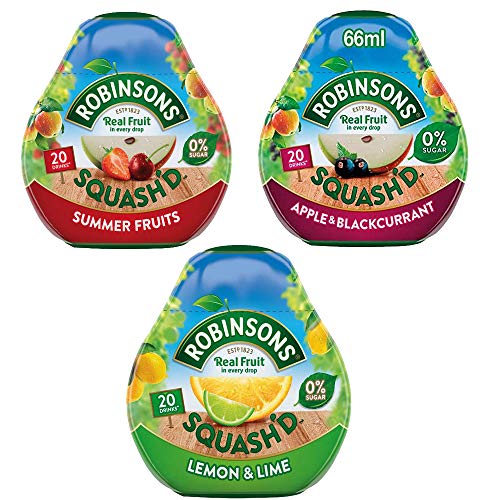 Robinsons Squash'd manzana y grosella negra, limón y lima, frutas de verano, sin azúcar añadido (66 ml) – Pack de 3