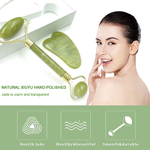 Rodillo de jade,Masajeador Facial Jade Roller,Natural Jade Roller Massager,con 2 espátulas de jade,antienvejecimiento,adecuado para la piel de la cara y el cuello