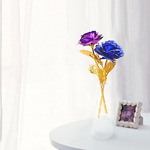 Rosa 24 K Chapado en Oro Rosa Flor con Caja de Regalo Mejor Regalo para el día de San Valentín Día de la Madre Navidad cumpleaños Dorado/Rojo/Morado/Azul (Azul)