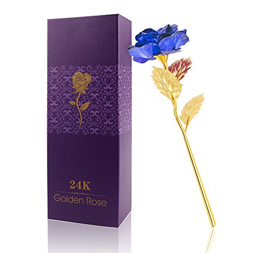 Rosa 24 K Chapado en Oro Rosa Flor con Caja de Regalo Mejor Regalo para el día de San Valentín Día de la Madre Navidad cumpleaños Dorado/Rojo/Morado/Azul (Azul)