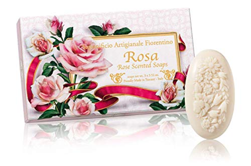 Rosa, Jabón ovalado con relieve tallado ramo de flores, pack regalo de 3 jabones de 100 g, italiano hecho a mano de Fiorentino