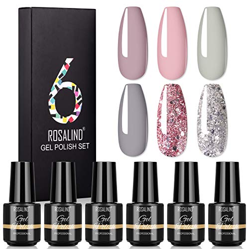 ROSALIND 6 ​Colore Pintauñas Semipermanentes, Rosa Brillo Blanco Desnudo Gris ​Colore Esmaltes Permanentes Para Uñas, 7ml Kit Manicura Semipermanente, UV Gel de uñas semipermanente Soak Off 6Pcs