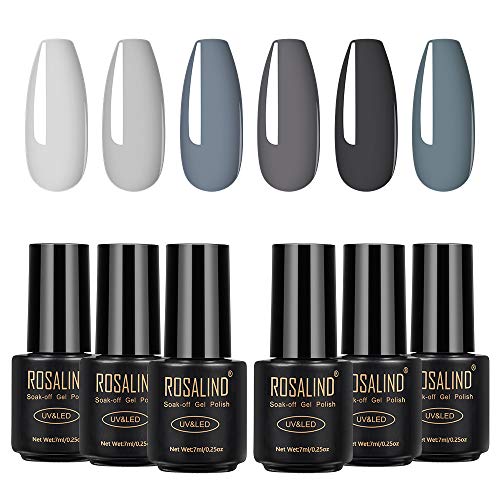 ROSALIND Esmaltes Semipermanentes, 6 Colores Gris Pintauñas Semipermanente Kit de Esmalte de Uñas en Gel UV LED 7ml