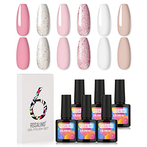 ROSALIND Esmaltes Semipermanentes de Uñas en Gel UV LED de Color Manicure Francés, 6pcs Kit de Esmaltes de Uñas Nude 10ml