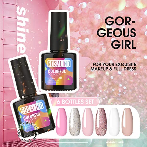 ROSALIND Esmaltes Semipermanentes de Uñas en Gel UV LED de Color Manicure Francés, 6pcs Kit de Esmaltes de Uñas Nude 10ml