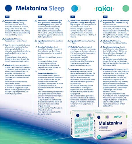 Sakai - Melatonina Sleep 60 comprimidos masticables- Conciliación rápida del Sueño- Efecto Duradero- Dormir bien- Melatonina, Pasiflora y Tila- 1,9mg de Melatonina- Descanso Prolongado y Reparador