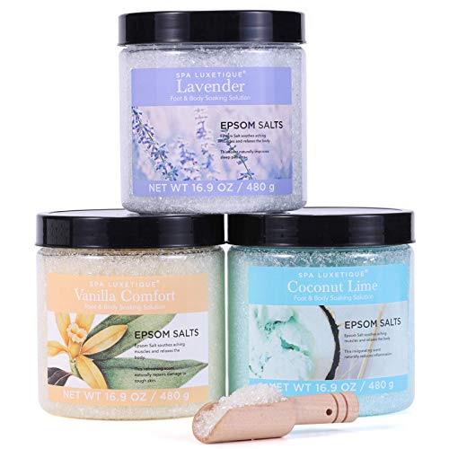 Sal de Epsom - Spa Luxetique Sales de Baño Naturales, Sal de Epsom Pura 3x480g a Lavanda, Vainilla, Coco y Lima, Baño y Cuidado Personal, Revitaliza Músculos Doloridos, Regalo de Año Nuevo