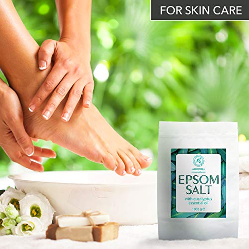 Sal Epsom Baño con Aceite Esencial Eucalipto 1kg - Cristales de Sulfato de Magnesio para Aliviar el Dolor Muscular - Sales de Baño Relajantes - Cuidado de Piel - Muscular - Buen Sueño - Sal Inglesa