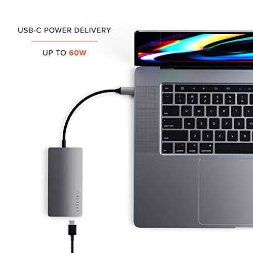 SATECHI Adaptador Multi-Puertos V2 de Aluminio - HDMI 4K (30Hz), Ethernet Gigabit, Carga USB-C, Lectores de Tarjetas SD/Micro, Puertos USB 3.0 para 2020/2019/2018 MacBook Pro (Gris Espacial)