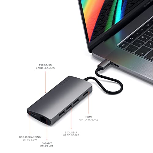 SATECHI Adaptador Multi-Puertos V2 de Aluminio - HDMI 4K (30Hz), Ethernet Gigabit, Carga USB-C, Lectores de Tarjetas SD/Micro, Puertos USB 3.0 para 2020/2019/2018 MacBook Pro (Gris Espacial)