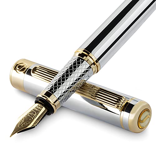 Scriveiner Pluma Estilográfica Plateada con Detalles de Oro de 24k y 18K para una Caligrafía Suave y Elegante, Plumilla (EF) y Convertidor Instalado Schmidt, Dos Cartuchos de Tinta, Azul y Negro