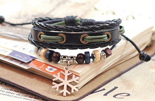 Secreto del invierno copo de nieve colgante mano de cuero negro trenzado aleación cuentas de madera ajustable Wrap pulsera