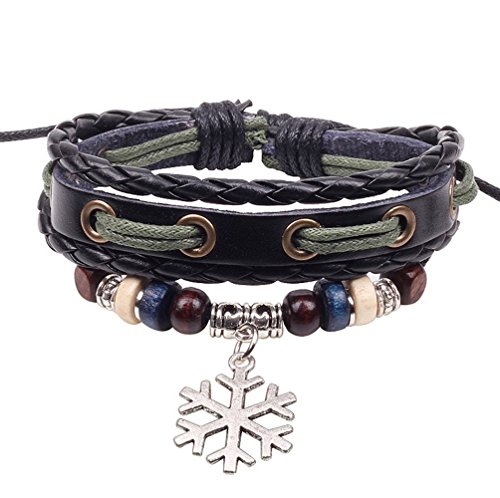 Secreto del invierno copo de nieve colgante mano de cuero negro trenzado aleación cuentas de madera ajustable Wrap pulsera