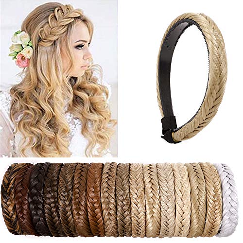 SEGO Extensiones de Cabello Diademas Trenzadas Elásticas Mujer Pelo Sintético Se Ve Natural Accesorios Fishtail Braided Hair Headband Head Hoop [Rubio Ceniza]