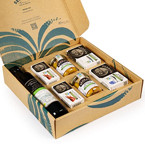 SERRATS - Caja Regalo Mundo ECO - 6 Conservas surtidas con lo mejor del mar y una Botella Aceite de Oliva Virgen Extra Ecológico