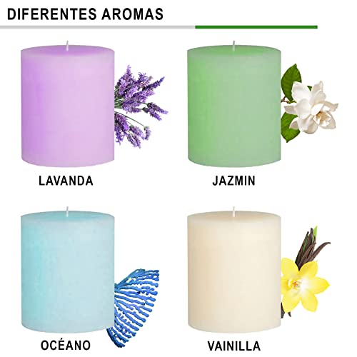 SET 4 velas aromaticas de cera 100% natural. Kit de velas perfumadas de 4 olores: lavanda, jazmin, oceano y vainilla. Regalos originales para hombre y mujer. Ideal para parejas.