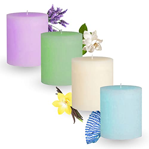 SET 4 velas aromaticas de cera 100% natural. Kit de velas perfumadas de 4 olores: lavanda, jazmin, oceano y vainilla. Regalos originales para hombre y mujer. Ideal para parejas.