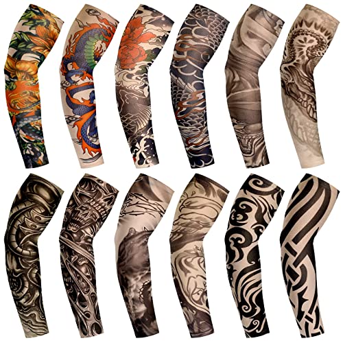 Set de Mangas de Tatuaje de 12 Piezas Mangas de Brazo de Protección Solar Falsas Guantes de Brazo de Flor de Elasticidad Suave para Ciclismo (Patrón de Chic)