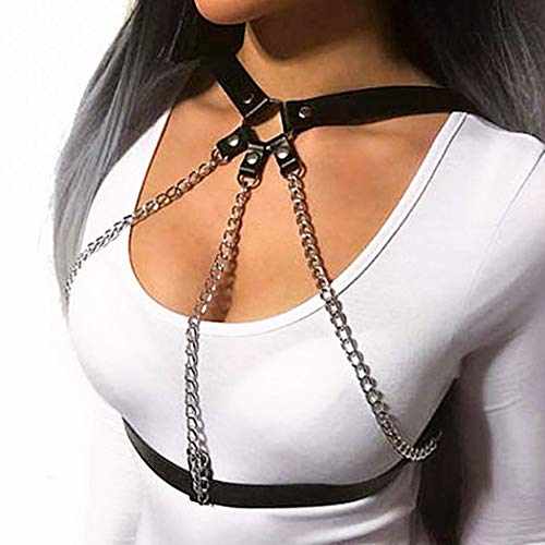 Sethain Punk Cuero Cofre Cadena Negro gótico Collar Cadenas Tiras Aprovechar Sostén Cadenas Ajustable Club nocturno Joyería Corporal Clubwear para mujeres y niñas