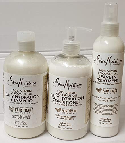 Shea Moisture 100% Virgin Coconut Oil Trio Set Daily Hydration Conditioner 13 Ounce, Daily Hydration Shampoo 13 Ounce & Leave-in Treatment 8 Ounce