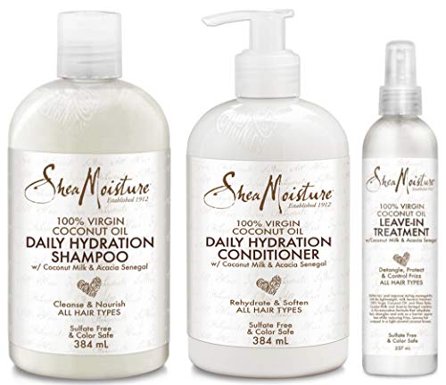 Shea Moisture 100% Virgin Coconut Oil Trio Set Daily Hydration Conditioner 13 Ounce, Daily Hydration Shampoo 13 Ounce & Leave-in Treatment 8 Ounce