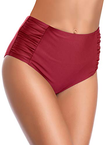 SHEKINI Ropa de Baño para Mujer Traje de Baño Vintage Cintua Alta Bikini Fondo Sexy Volantes Natación Retro Fruncido Estilo Trjes de Baño(Medium, Vino)