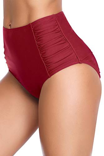 SHEKINI Ropa de Baño para Mujer Traje de Baño Vintage Cintua Alta Bikini Fondo Sexy Volantes Natación Retro Fruncido Estilo Trjes de Baño(Medium, Vino)