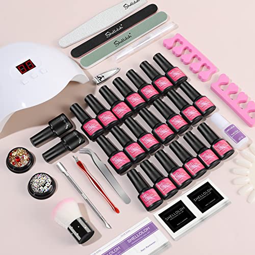 SHELLOLOH Kit Semipermanente de Uñas 20 Colores LED Esmalte de Uñas en Gel con 36W U-V/LED Lámpara Base y Top Coat Herramientas de Accesorio de Manicura Uña Arte