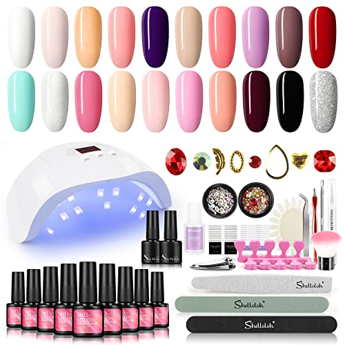 SHELLOLOH Kit Semipermanente de Uñas 20 Colores LED Esmalte de Uñas en Gel con 36W U-V/LED Lámpara Base y Top Coat Herramientas de Accesorio de Manicura Uña Arte