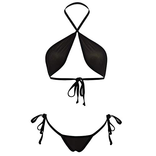 SHERRYLO Bikini de rejilla transparente Mini Micro Bikinis ver a través de la parte superior brasileña G String Tanga inferior trajes de baño escasos, Negro, Talla Única