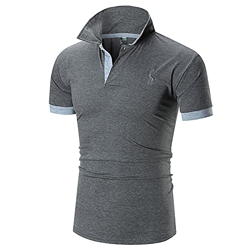 Shirt Hombres Verano Bordado Empalme Hombres Shirt Ocio Básica Moda con Botones Tapeta Contraste Color Manga Corta Hombres T-Shirt Estiramiento Negocios Hombres Polo H-Grey S