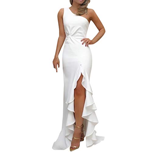 SHOBDW Vestidos Mujer Día De San Valentín Presente SóLido Un Hombro Vestido De Fiesta De Noche Formal Elegante con Pliegues Altos con Volantes De Hendidura Elegante Maxi Vestidos Largos(Blanco,XXL)