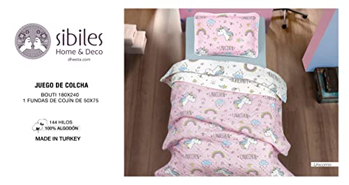 Sibiles - Colcha Bouti Niñas Estampado Unicornio 100% Algodón Turco Ranforce Cama 90 y 105 (180x240 cm)