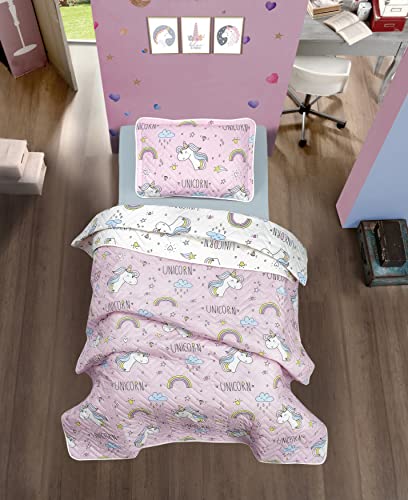 Sibiles - Colcha Bouti Niñas Estampado Unicornio 100% Algodón Turco Ranforce Cama 90 y 105 (180x240 cm)