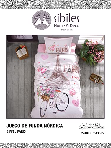 Sibiles - Funda Nórdica Infantil Juvenil Algodón Turco Eiffel Paris (160x220 cm - Cama 90/105)