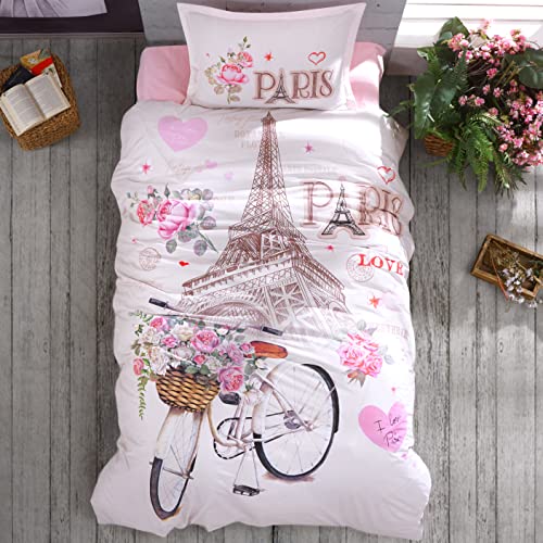 Sibiles - Funda Nórdica Infantil Juvenil Algodón Turco Eiffel Paris (160x220 cm - Cama 90/105)