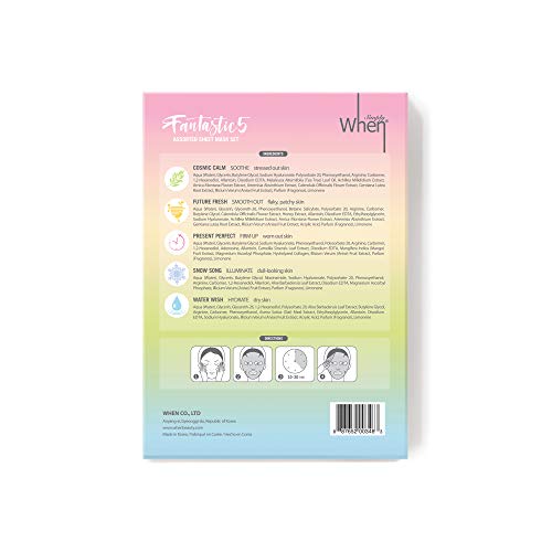 Simply When Fantastic Five Assorted Unisex Facial Sheet Mask Set, 5 Pack Assortment, Cruelty Free And Vegan